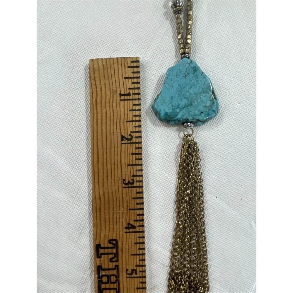 Large Turquoise Color Stone Boho Tassel Necklace Festival Statement